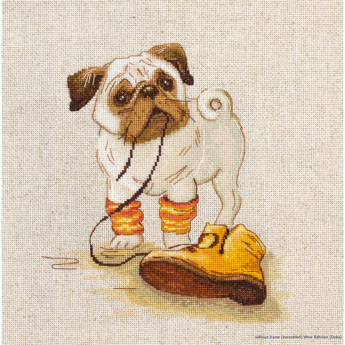 This adorable cross stitch pattern shows a pug puppy...