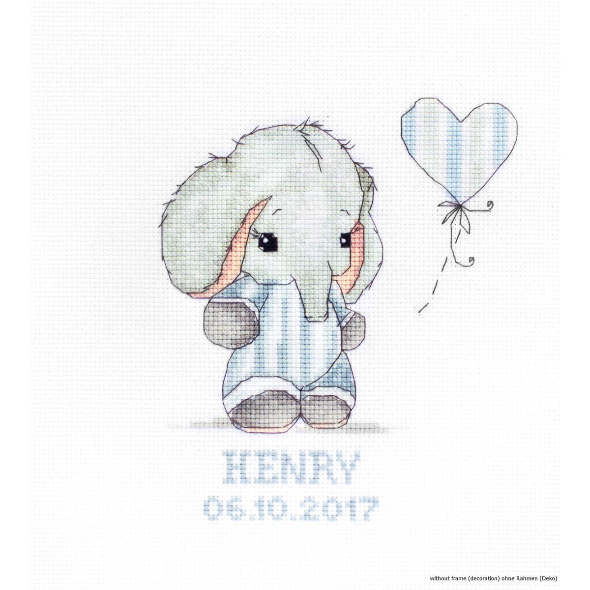A cross stitch picture of a cute gray elephant in blue...