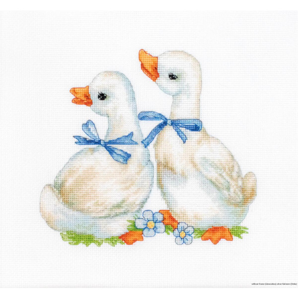 An adorable cross stitch design featuring two ducks with white feathers, orange beaks and blue eyes. Each duck wears a blue ribbon tied in a bow around their neck as they sit on green grass adorned with small blue flowers. The background is plain white, making this embroidery pack from Luca-s perfect for any embroidery enthusiast.