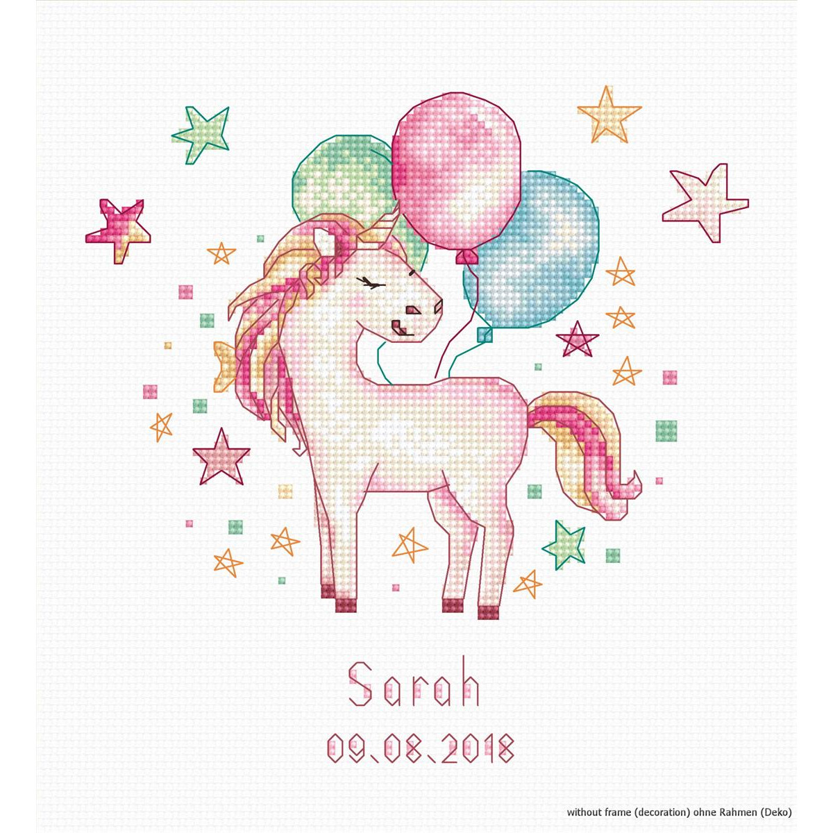 Cross stitch pattern of a smiling unicorn with a rainbow...