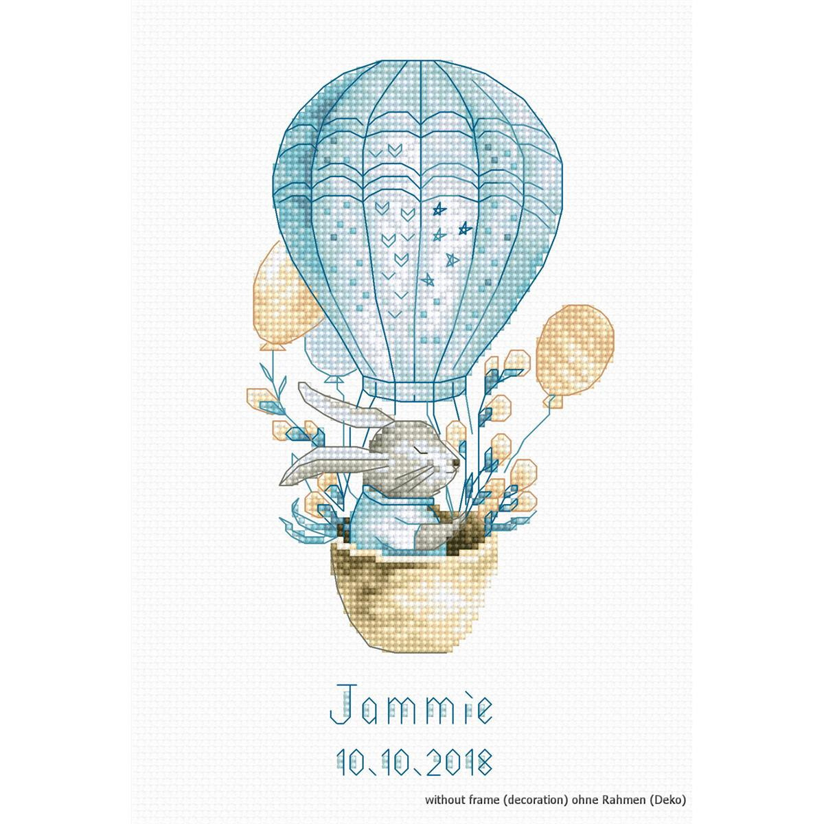 A cross-stitch pattern shows a hot air balloon in pastel...