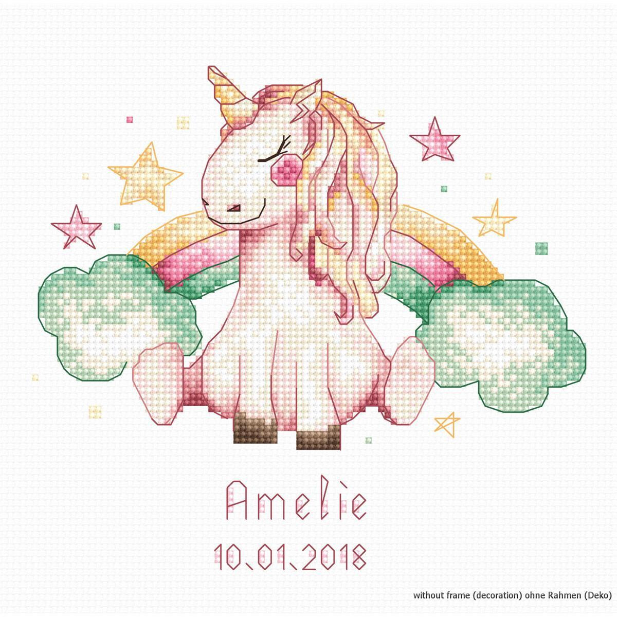 Illustration of a cute cross-stitch unicorn with a pink...