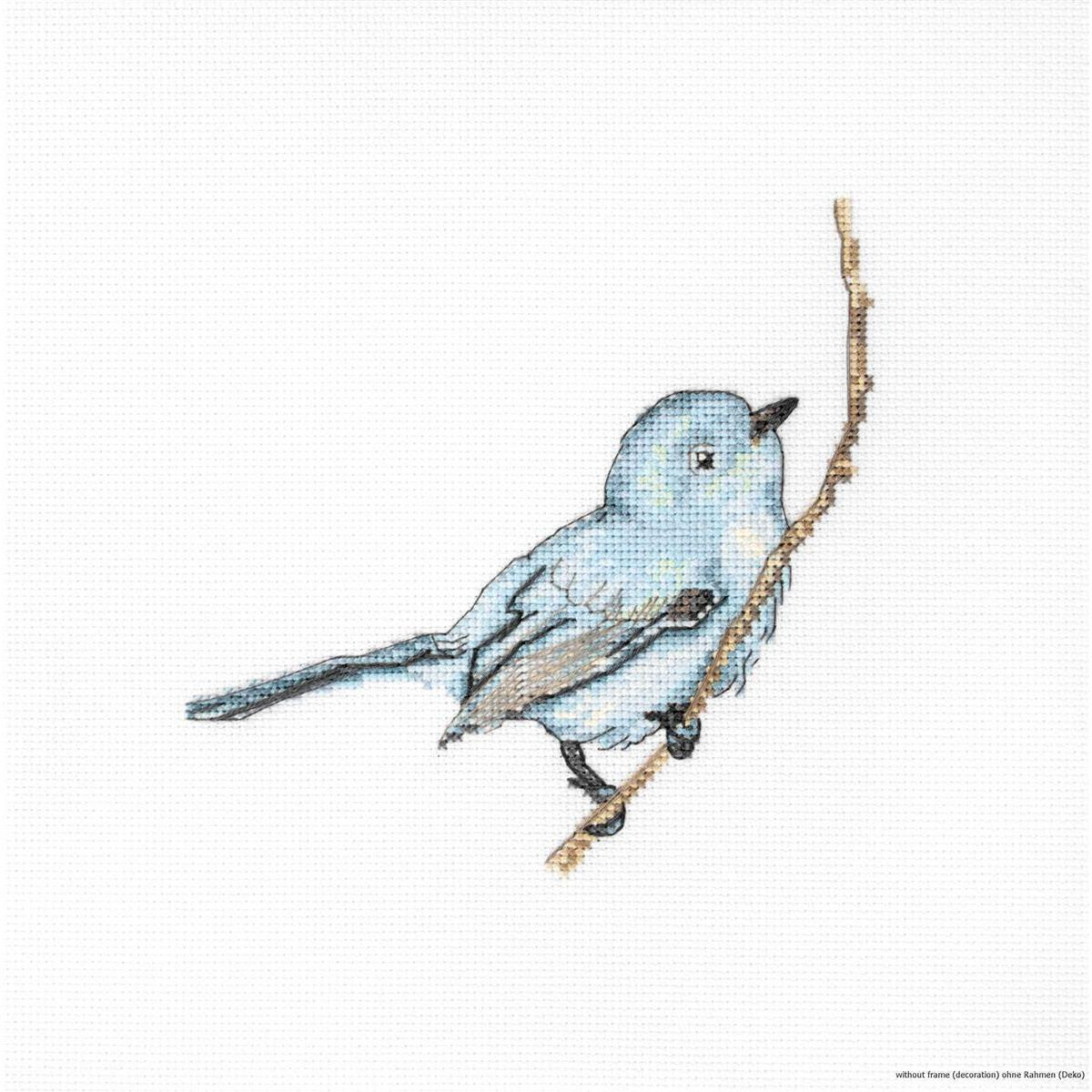 A light blue bird, elaborately executed in cross-stitch,...