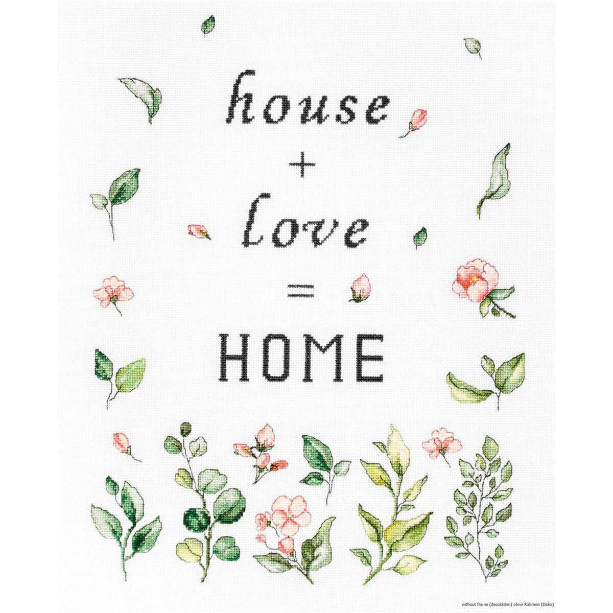 Kreuzstichmuster mit dem Text „Haus + Liebe =...