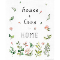 Cross stitch pattern with the text Haus + Liebe = ZUHAUSE in black letters. Small, delicate flowers and green leaves surround the text and form a whimsical border. Different shades of green and pink are used to depict the plants, creating a hand-stitched look. Ideal for any Luca-s embroidery pack lover.
