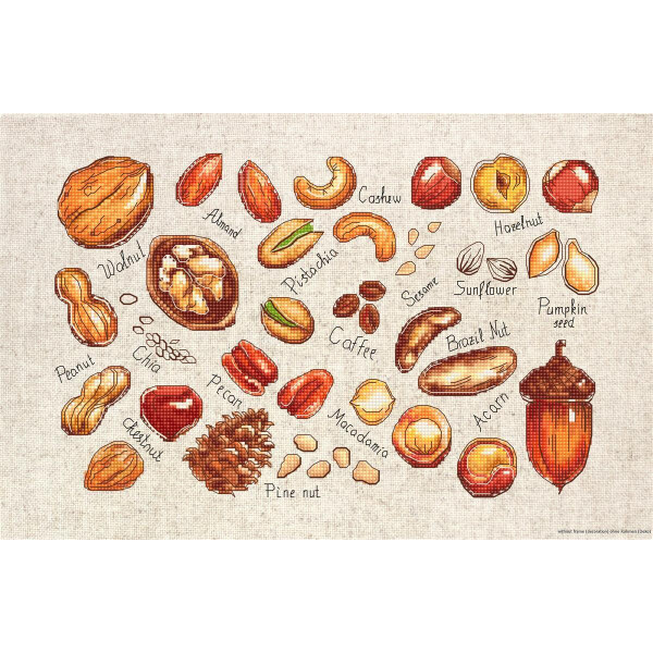 Geïllustreerde symbolen van verschillende noten en zaden zijn gerangschikt op een beige achtergrond met textuur en lijken op een charmant pakje stokjes. Elke illustratie is gelabeld met namen als walnoot, amandel, cashew, hazelnoot, pinda, pistache, pecannoot, paranoot, pijnboompit, zonnebloempitten, pompoenpitten en meer.