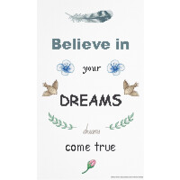 A cross-stitch pattern shows various inspiring elements. At the top, a grey feather is followed by the phrase Believe in in multicolored text. Below this, swallows flank the word your with blue flowers. In larger text, DREAMS is embroidered above dreams come true with leaves and a rosebud. This embroidery pack from Luca-s will stimulate your imagination.