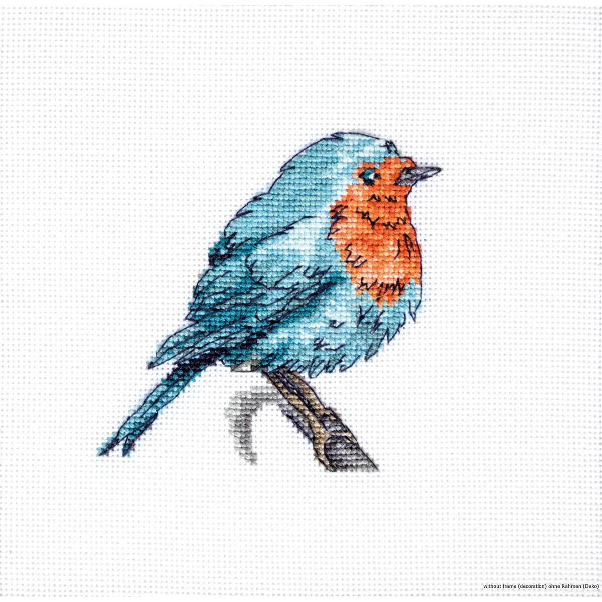 A cross stitch pattern shows a small bird sitting on a...