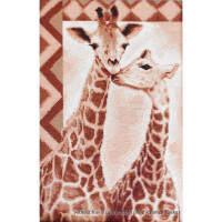 Eine Stickpackung von Luca-s, die zwei Giraffen zeigt. Die größere Giraffe schaut nach vorne, während die kleinere ihren Hals in Richtung der größeren Giraffe beugt. Der Hintergrund zeigt ein geometrisches Muster in Braun-, Beige- und Weißtönen. Der Text unten lautet „ohne Rahmen (Kreuzstich ohne Rahmen/Deko).