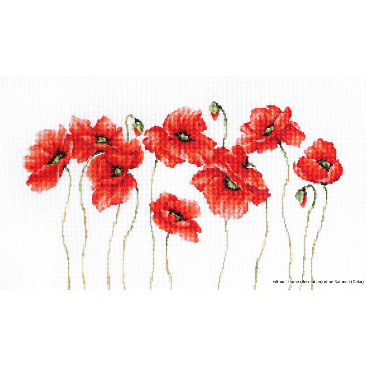 Red poppies with green stems and leaves are scattered on...