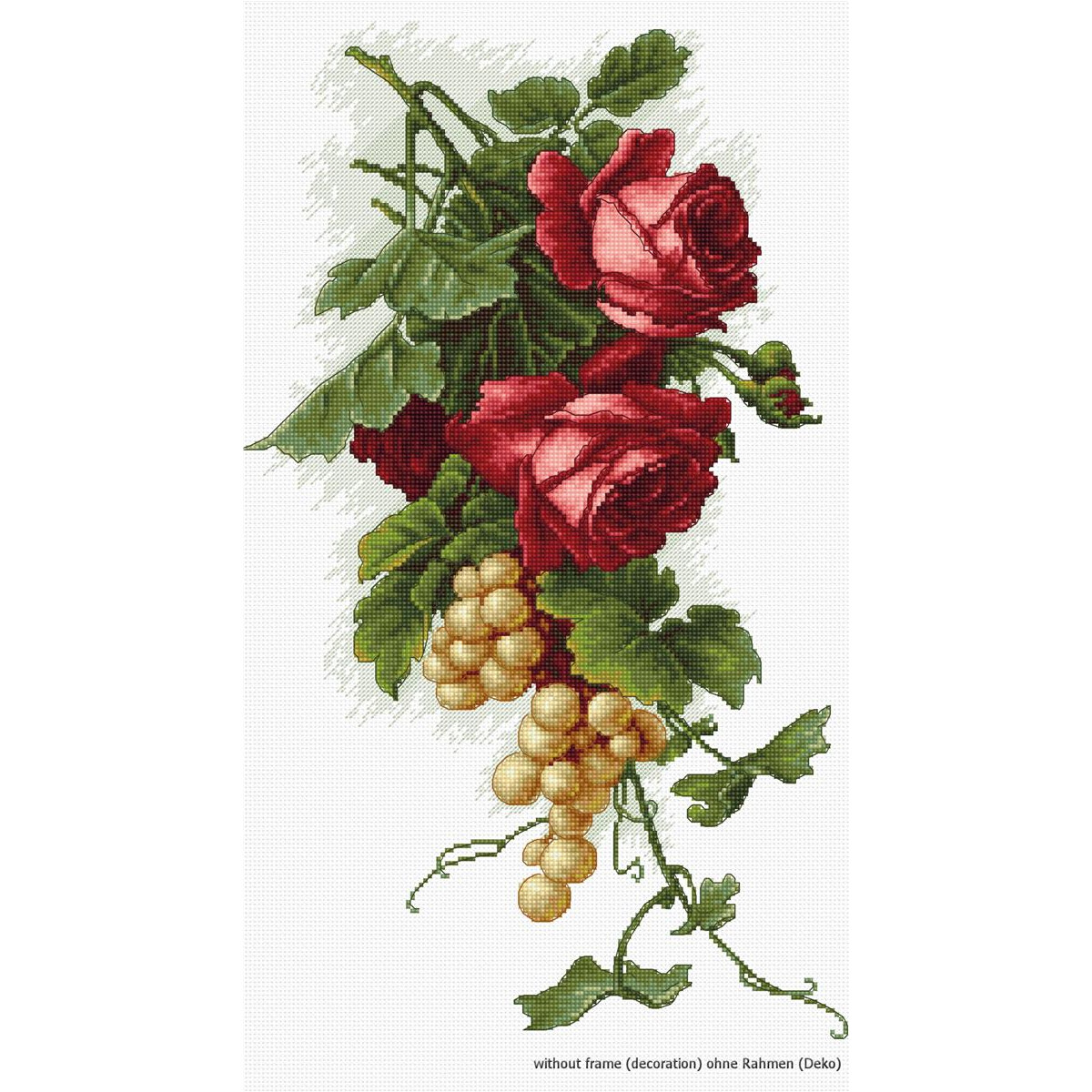 A cross-stitch pattern with two pink roses with intricate...