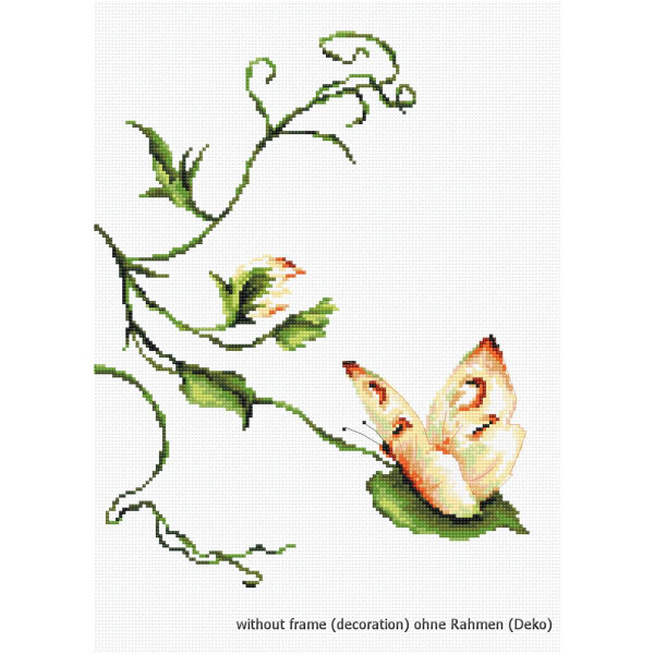 Embroidered picture with a butterfly with light peach-colored wings and orange accents sitting on a green leaf. Next to it, delicate green tendrils with small buds and leaves wind gracefully. The text at the bottom reads without frame (decoration). Perfect for your next Luca-s embroidery pack.