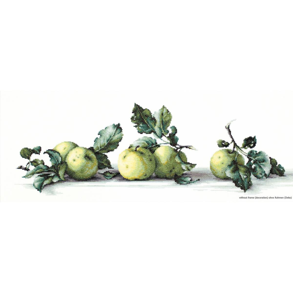 An artistic representation of five green apples with...