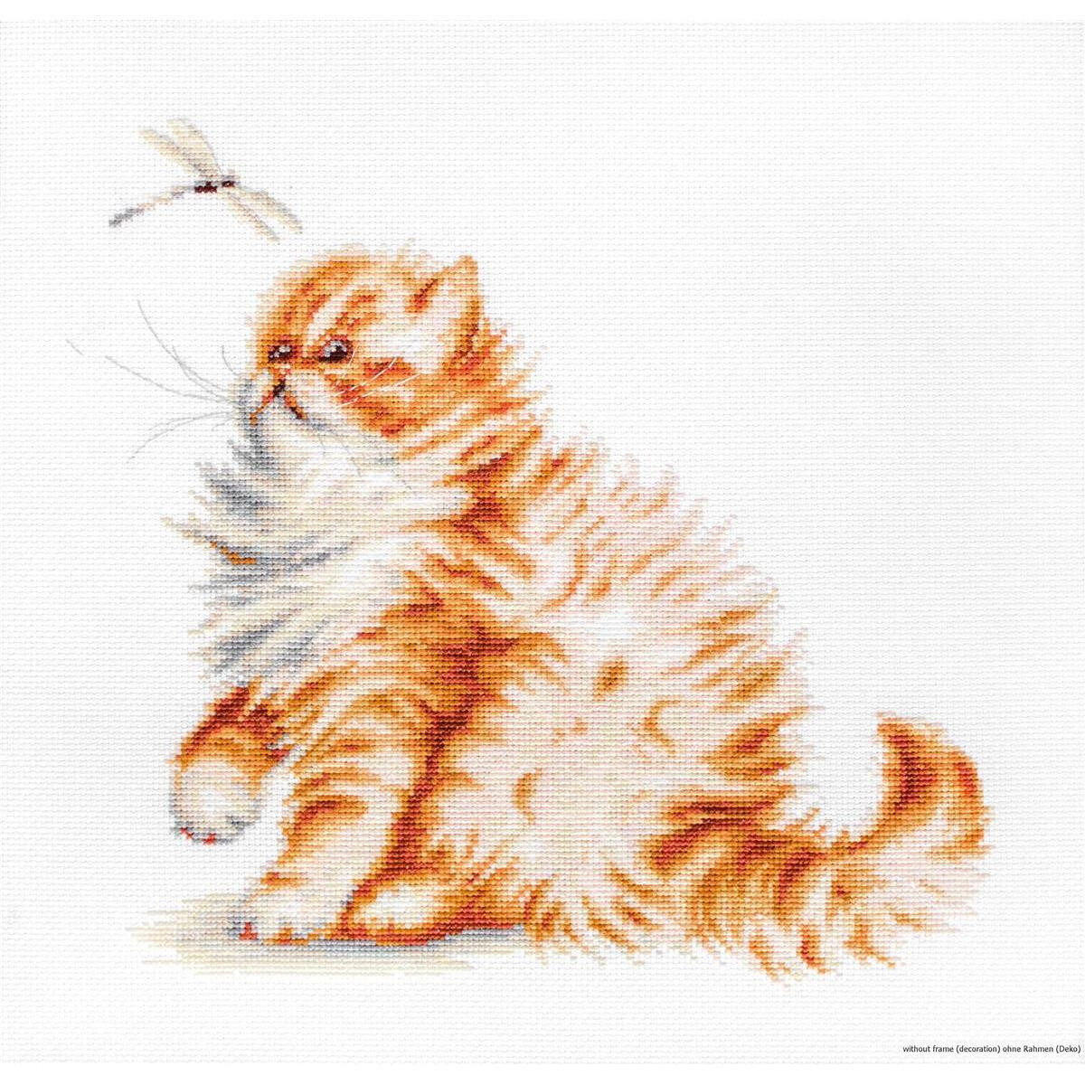A detailed cross stitch artwork of a fluffy orange kitten...