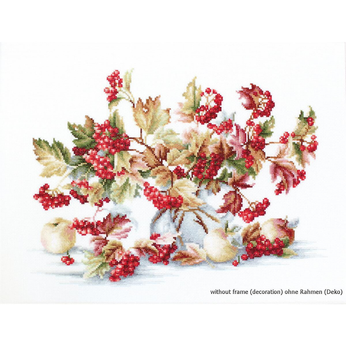 A cross-stitch design shows red berries and green leaves,...