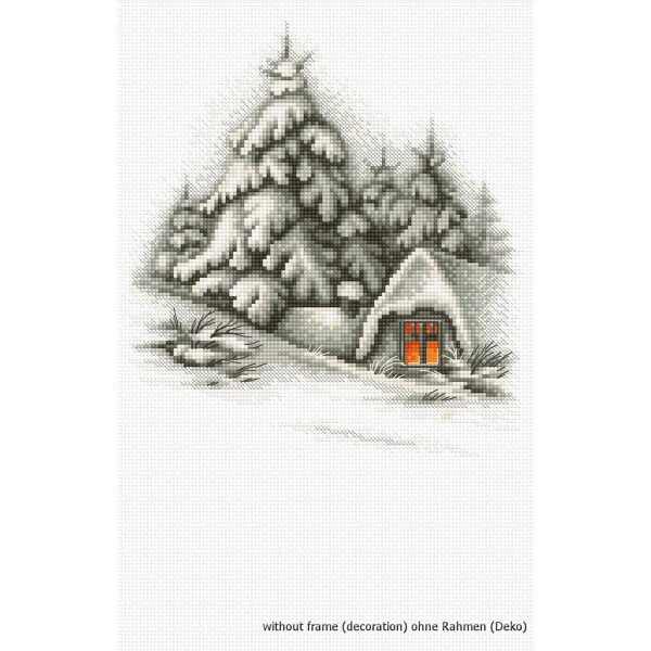 Embroidery picture of a snowy winter landscape with a small hut with a red door, surrounded by snow-covered evergreen trees. The serene, peaceful landscape shows the ground covered in white snow. This Luca-s embroidery pack contains the text without frame (decoration) at the bottom.