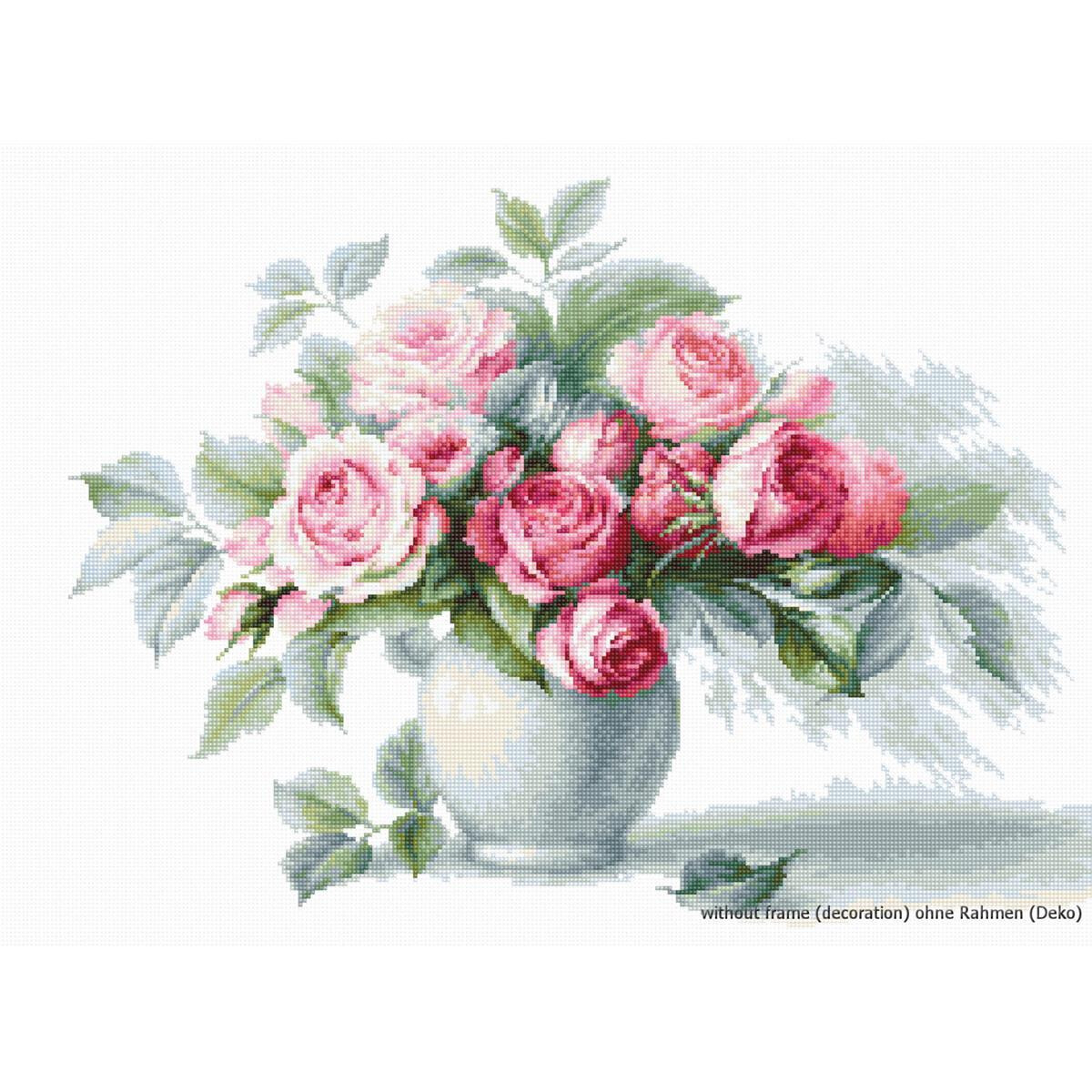 Ein Blumenarrangement aus rosa und weißen Rosen mit...
