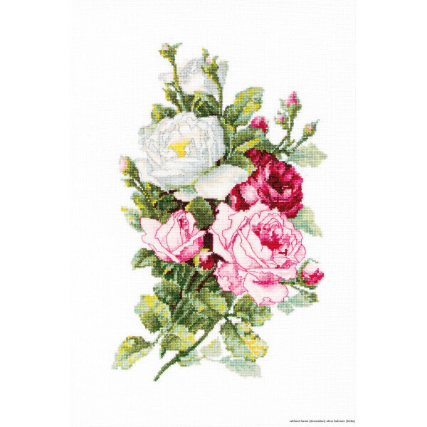 Handgesticktes Luca-s Stickpackung-Design eines Blumenarrangements mit rosa, roten und weißen Rosen mit grünen Blättern auf einem schlichten weißen Hintergrund. Die aufwendige Stickerei hebt die Blütenblätter und Blätter sehr detailliert hervor und zeigt die zarte Schönheit der Rosen.