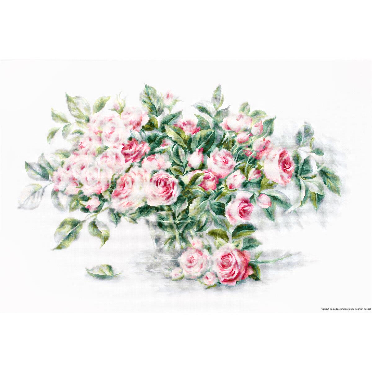 A detailed painting of a lush bouquet of pink roses with...