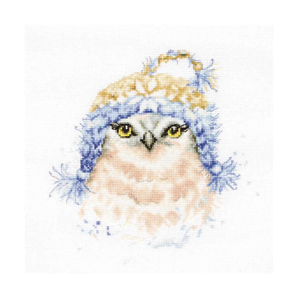 A watercolor illustration of an owl with a knitted hat....