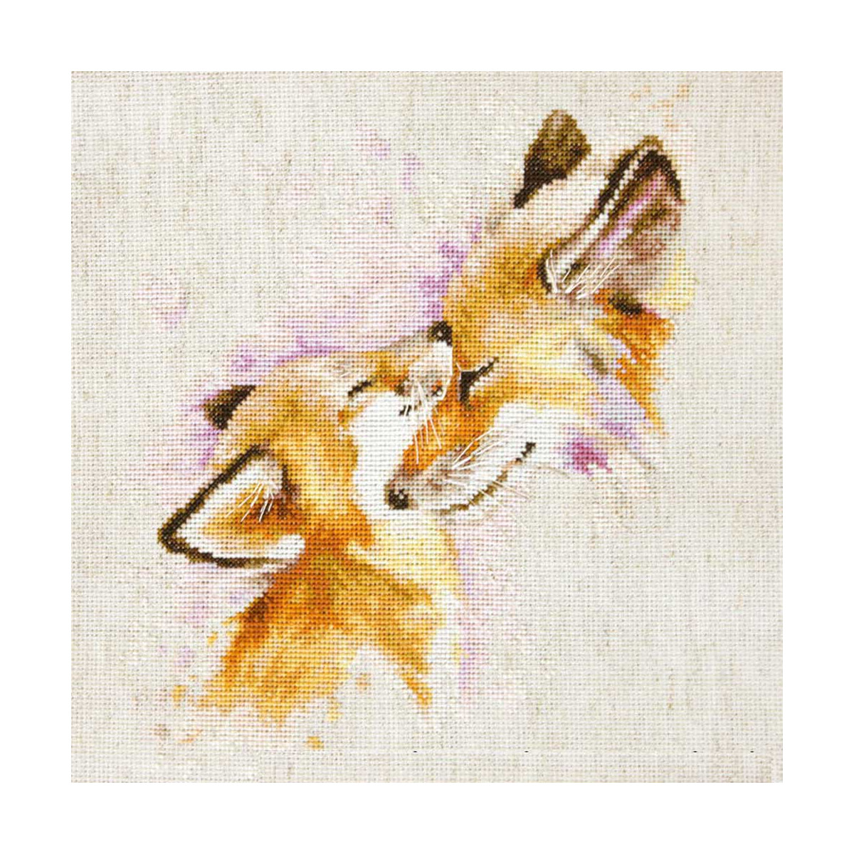 A cross-stitch embroidery shows two foxes cuddling...