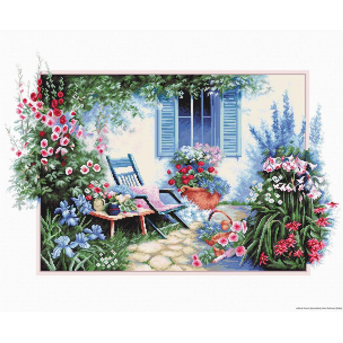 A tranquil garden scene with a blue wooden chair and a...