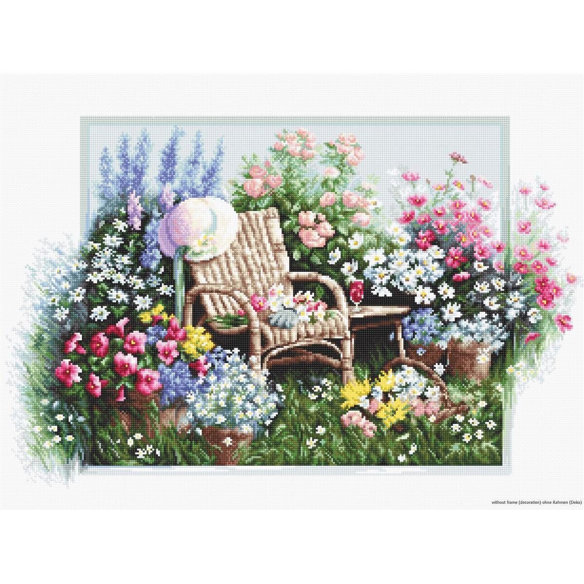 A tranquil garden scene with a wicker chair surrounded by...