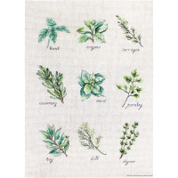 An embroidered pattern on fabric shows nine different herbs. Each herb is labeled in cursive: basil, oregano, tarragon, rosemary, mint, parsley, bay leaf, dill and thyme. This Luca-s embroidery pack features green and intricate details for each herb, showcasing their unique leaf patterns.