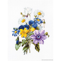 Een gedetailleerd borduurwerk van een levendig boeket met verschillende bloemen. Opvallende gele en blauwe bloemen, witte madeliefjes met een geel hart en een opvallende paarse bloem. De bloemen zijn gerangschikt op een effen witte achtergrond en zijn voorzien van ingewikkelde stiksels en natuurlijke kleuren in dit prachtige Luca-s borduurpakket.