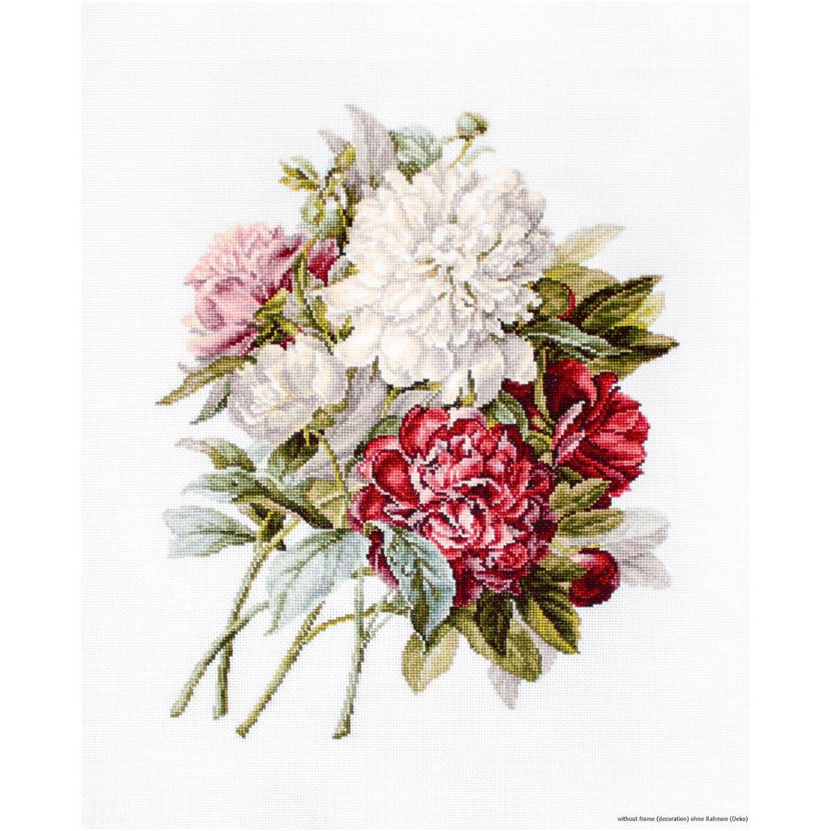 A detailed cross stitch image of a bouquet of blooming...