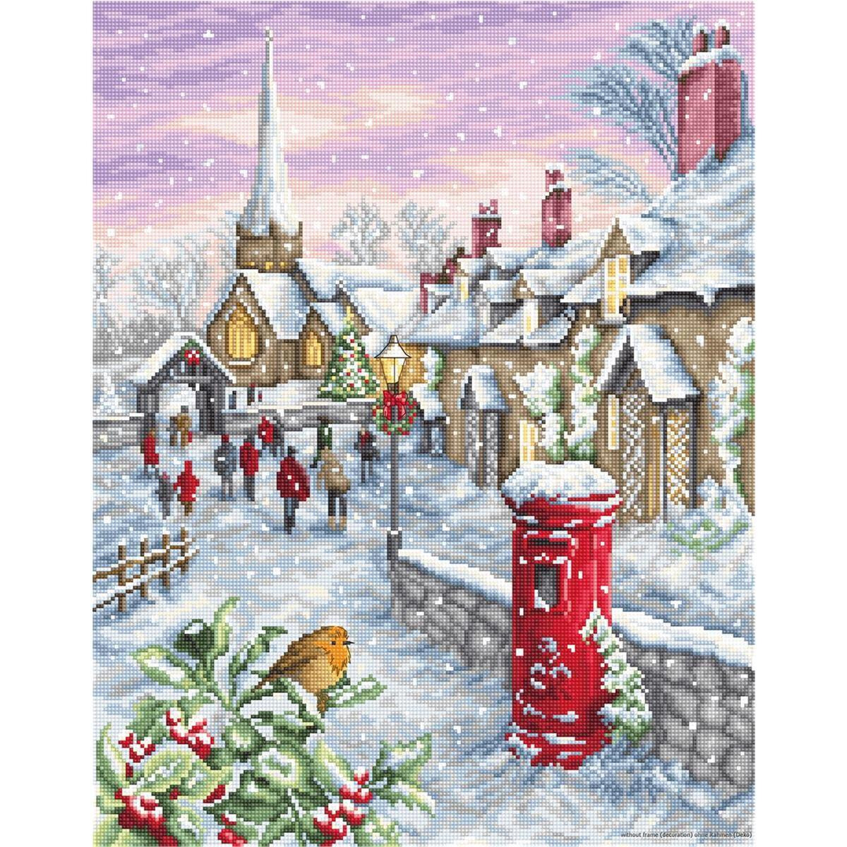 A snowy village scene shows people in winter clothing...