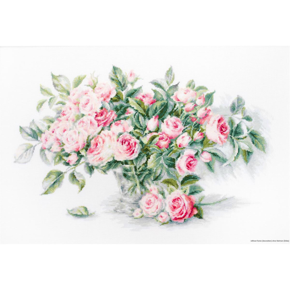 A painting of a lush bouquet of pink roses in a...