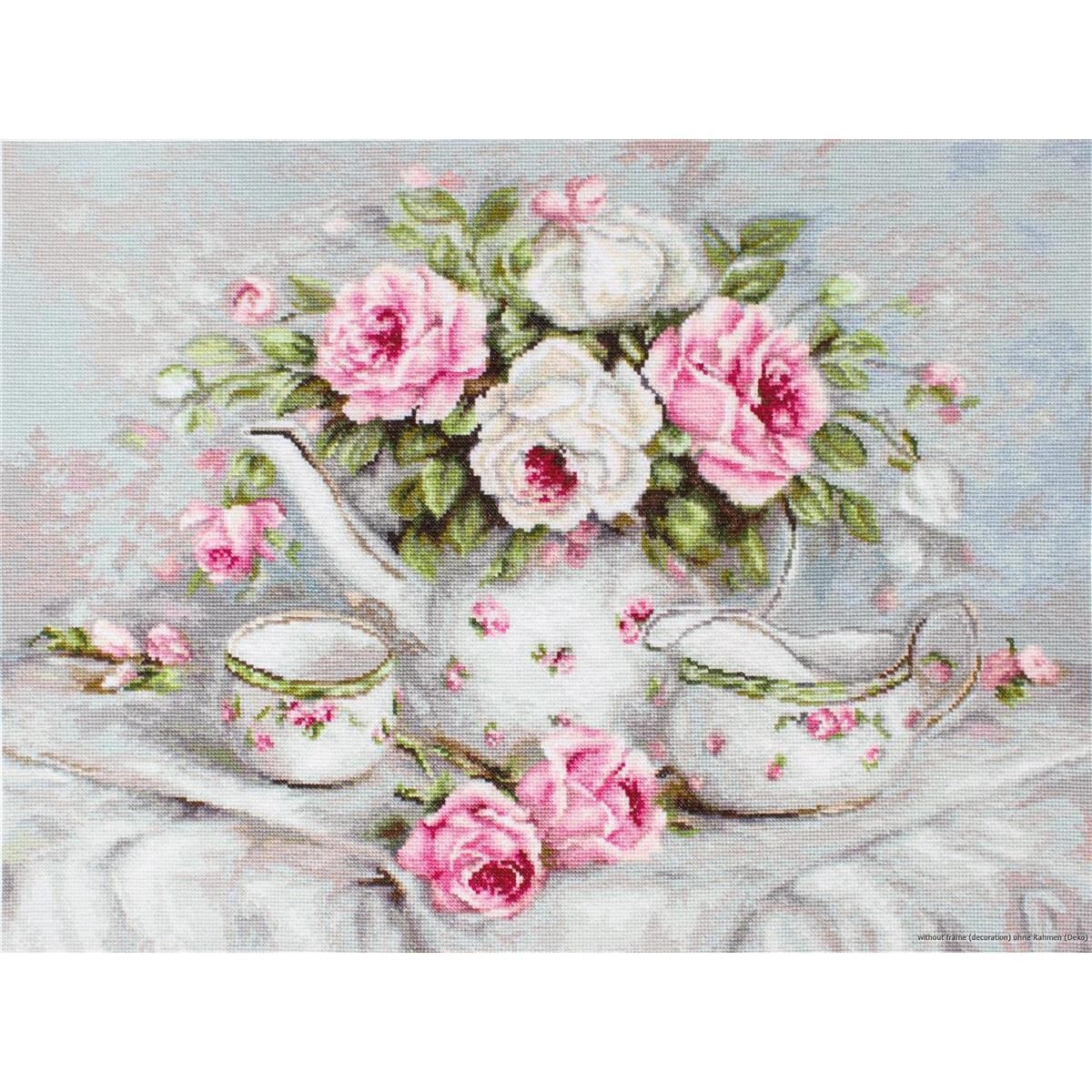 A still life showing a white teapot with pink and white...