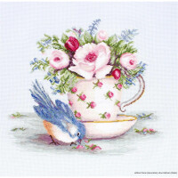 Luca-S counted Cross Stitch kit "Bird in Tea Cup", 34.5x29.5cm, DIY