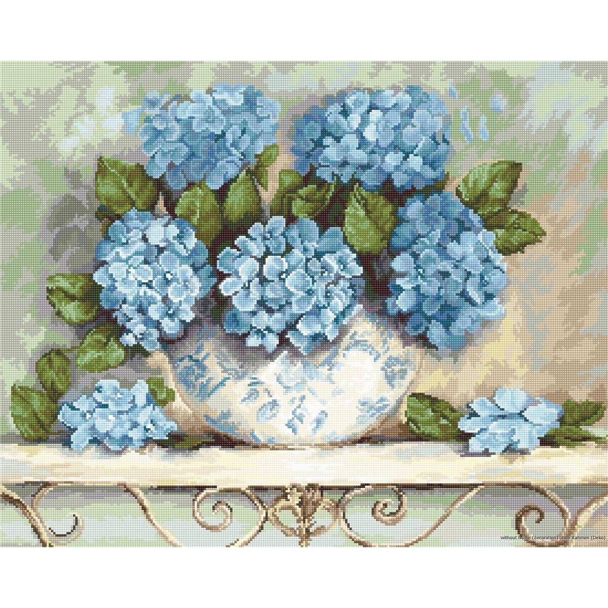 Painting of a white vase with blue floral patterns...