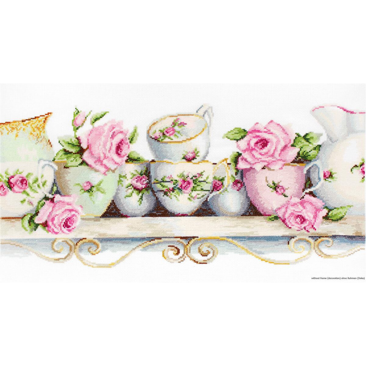 A decorative shelf with various porcelain tea sets...