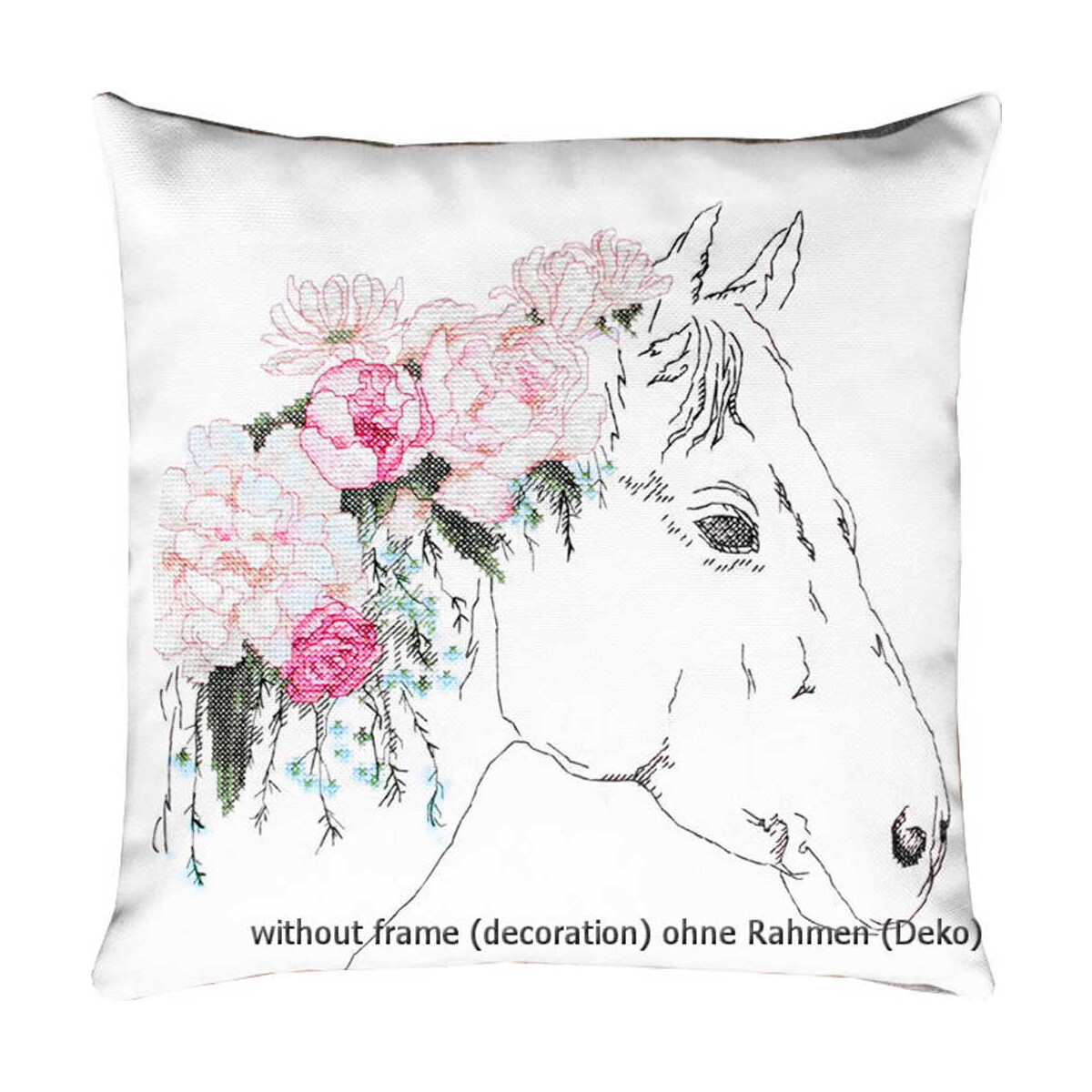 A white cushion features a line drawing of a horse-s head...