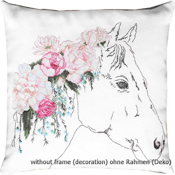 A white cushion features a line drawing of a horse-s head adorned with a floral crown of pink and white flowers, including peonies and greenery. The design, which is reminiscent of a Luca-s embroidery pack, is accentuated at the bottom by the text: without frame (decoration).