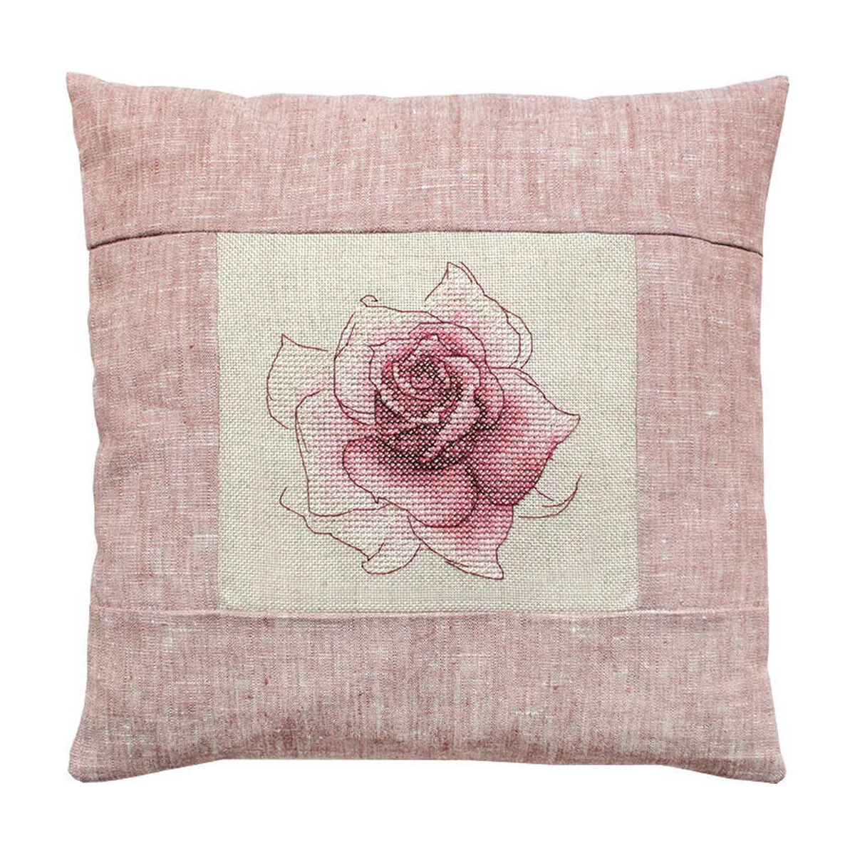 A square cushion made from textured pink fabric. In the...