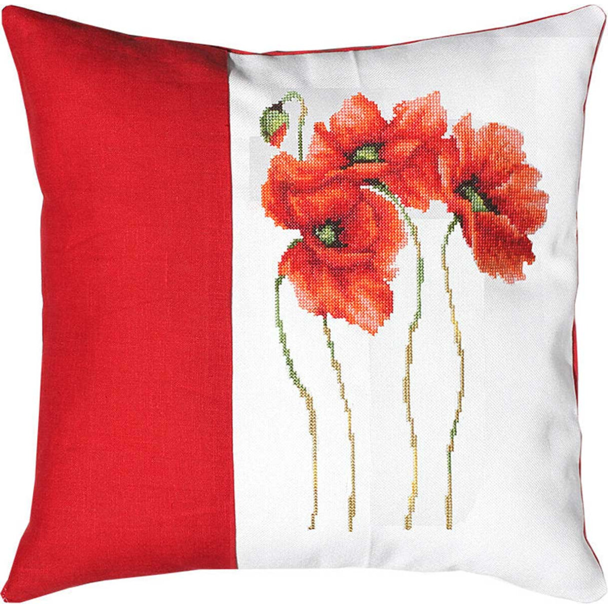 A square cushion with a design featuring bright red...