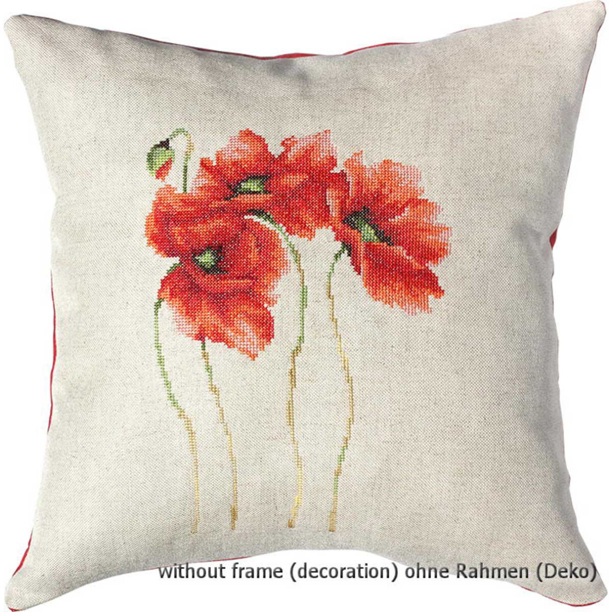 A beige cushion with an embroidered pattern of three red...