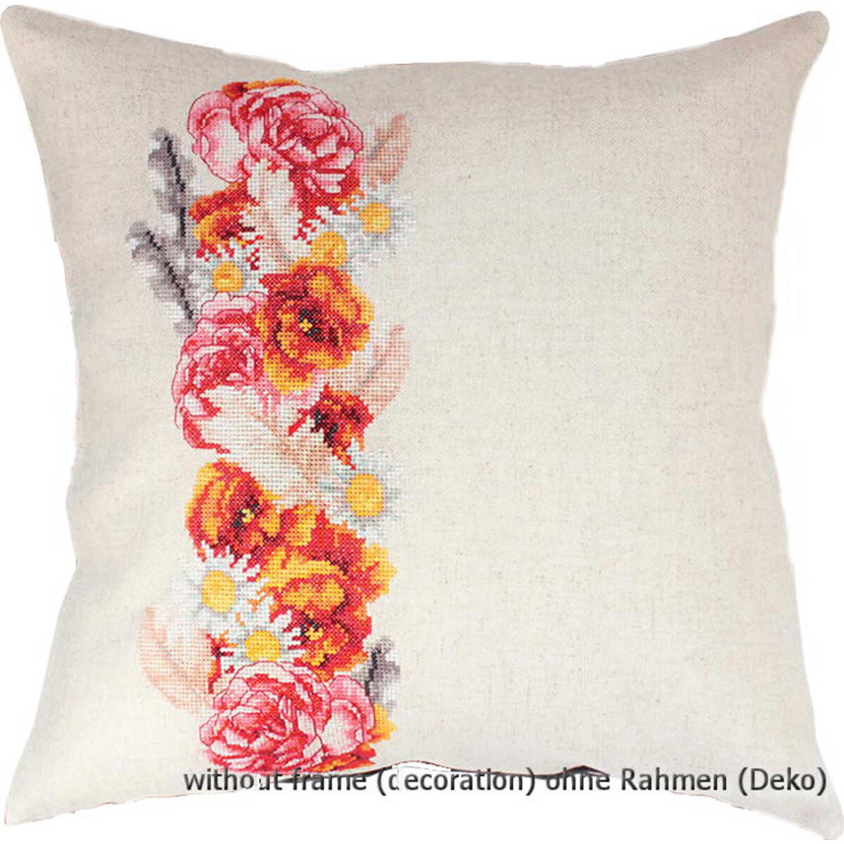 A square cream cushion with an embroidered vertical...