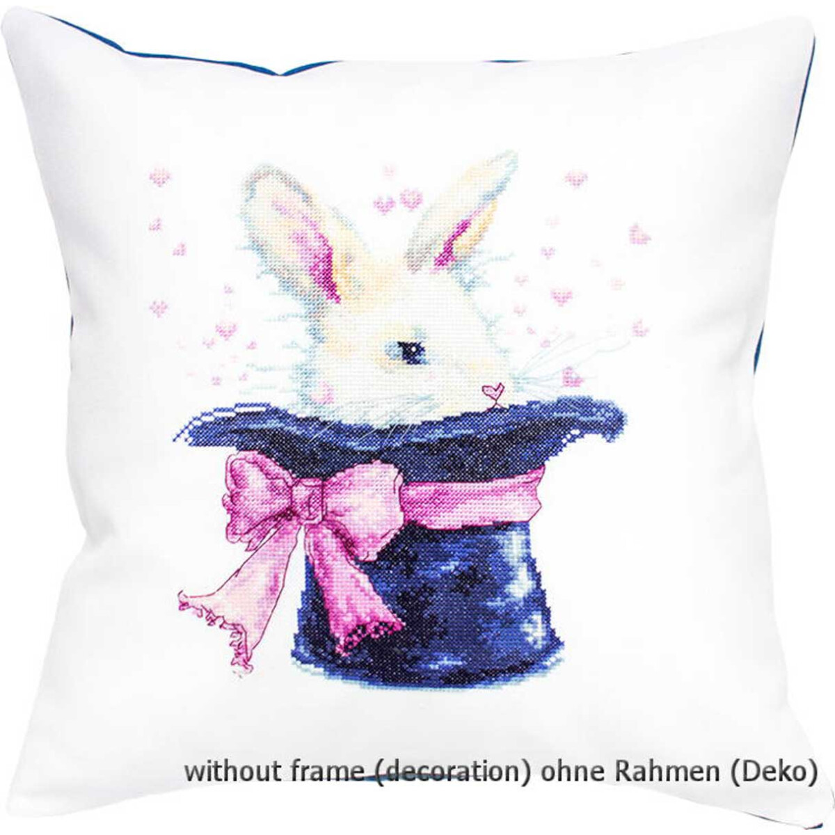 A decorative cushion with the image of a white rabbit...