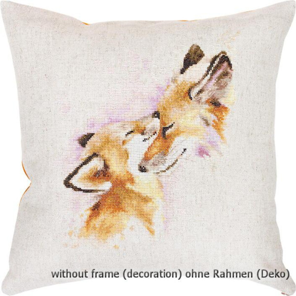 A white embroidery pack from Luca-s with an illustration of two foxes. One fox has its mouth open as if it is calling, while the other has its head raised and eyes closed, showing a cheerful expression. The text ohne Rahmen (Deko) is printed at the bottom of the embroidery pack and resembles an enchanting cross-stitch pattern.