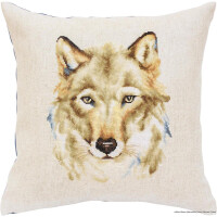A square decorative cushion features a detailed cross-stitch design of a wolfs face. The wolf is depicted in shades of brown, beige and gray on a cream fabric background. The embroidery captures the lifelike expression and intricate detail of the wolfs fur and eyes. This exquisite design is part of Luca-s embroidery pack collection.