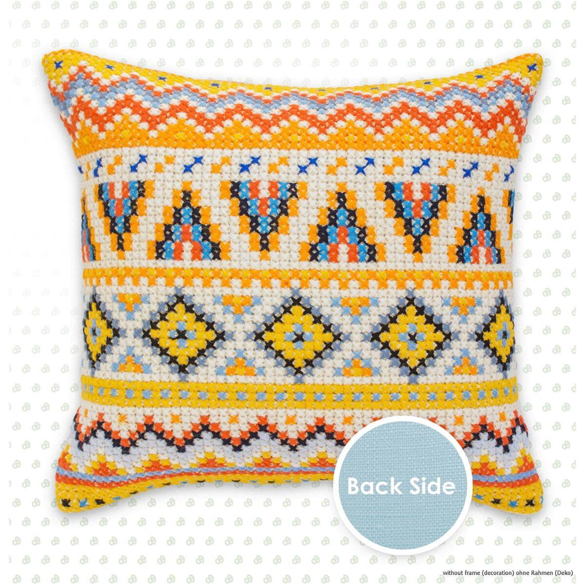 A square cushion with colorful geometric embroidery,...