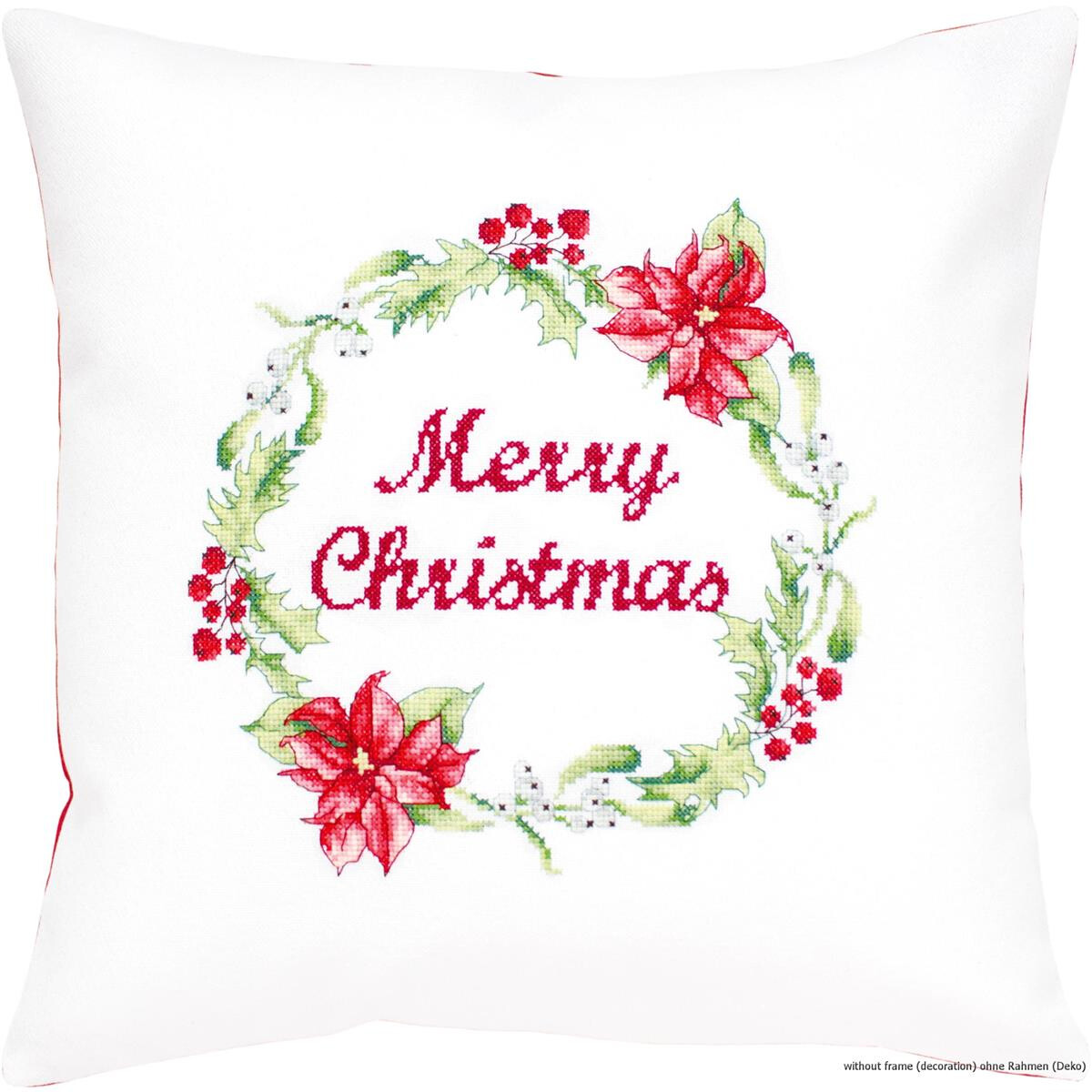 Square white sofa cushion with a festive design, made...
