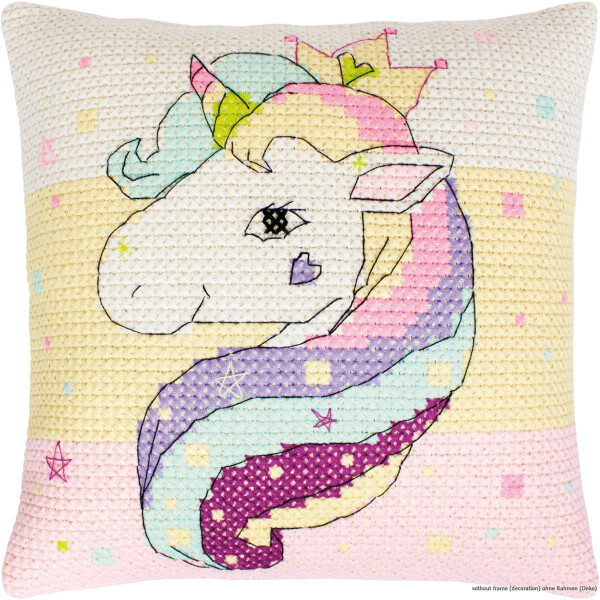 Embroidery pack from Luca-s with a unicorn with a long, colorful mane in pastel shades of pink, blue, green, yellow and purple, decorated with stars and dots. The unicorn has a yellow horn, a pink heart next to its eye and wears a small yellow crown. Perfect for any embroidery set fan!