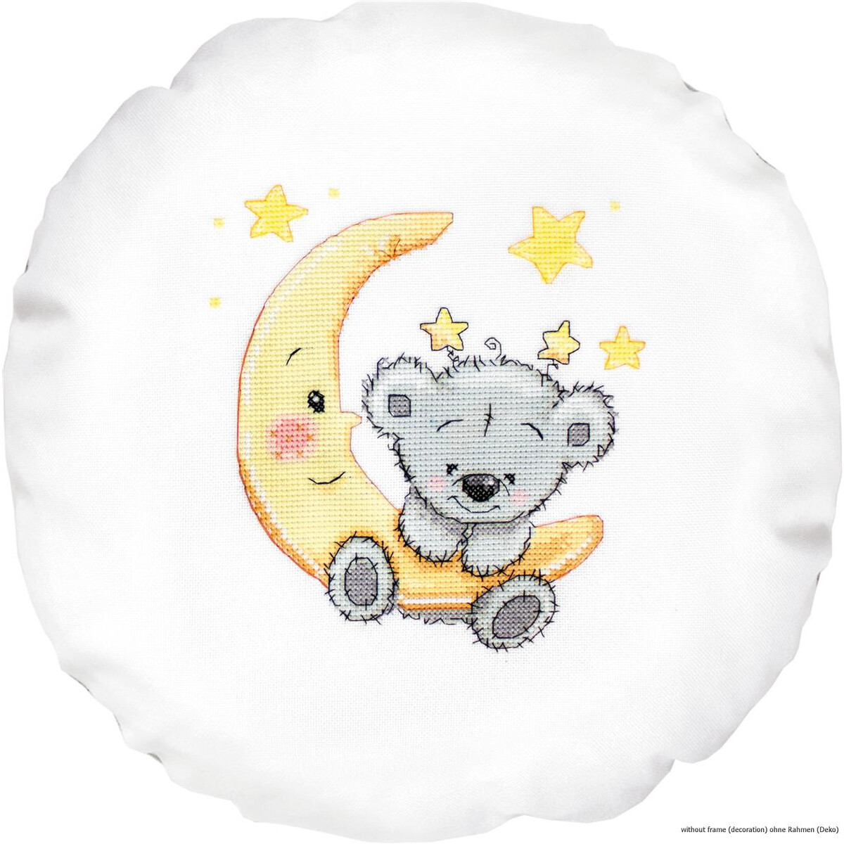 A cute gray teddy bear sits on a crescent moon on a round...