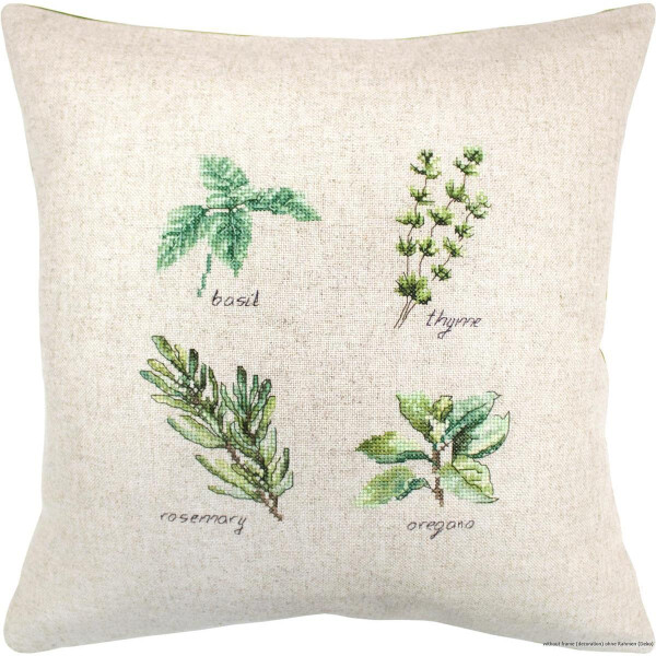 A square beige cushion with embroidered images of four herbs: Basil, thyme, rosemary and oregano. Each herb is labeled in cursive under its respective image. The detailed embroidery features shades of green representing the leaves and stems of each herb and is reminiscent of a delicate Luca-s embroidery pack.